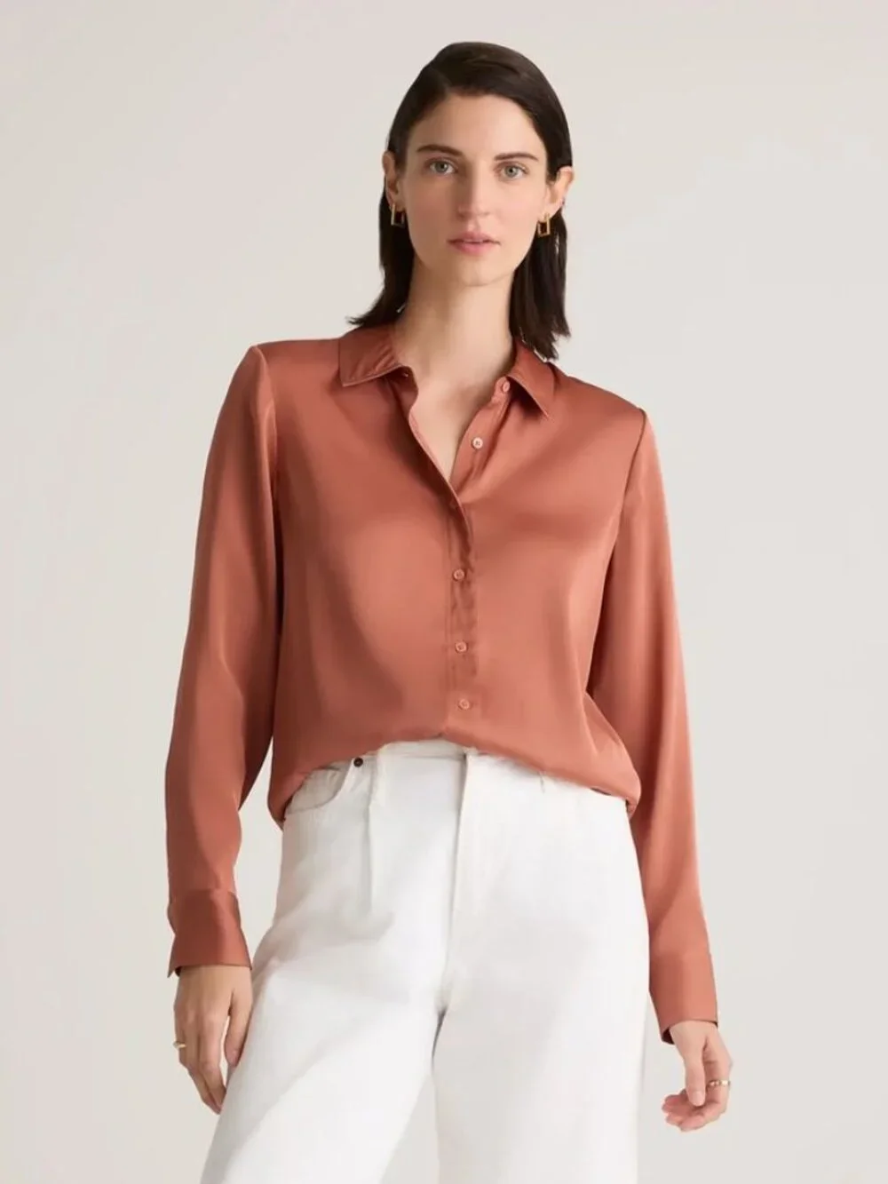 Quince Washable Stretch Silk Long Sleeve Button Down Blouse - Rose Size XL - Picture 1 of 10